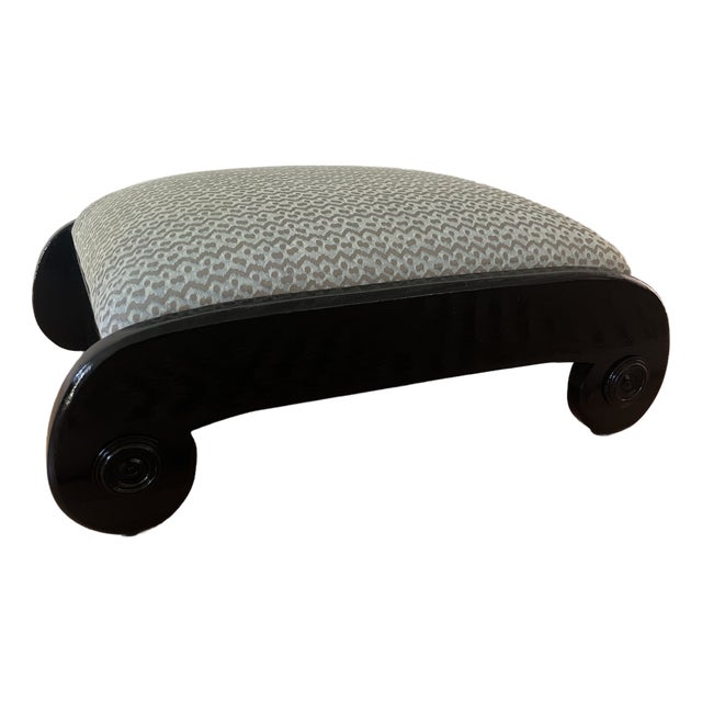 Neoclassical Style High Gloss Black Low Scroll Stool With Fortuny Cotton Fabric For Sale