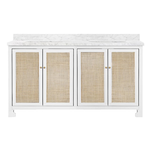 Matthew Izzo Home Boyd Four Caned Front Doors, Double Porcelain Sink Bath Vanity With Carrara Marble Top and Brass Hardware in Matte White Lacquer For Sale