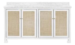 Matthew Izzo Home Boyd Four Caned Front Doors, Double Porcelain Sink Bath Vanity With Carrara Marble Top and Brass Hardware in Matte White Lacquer