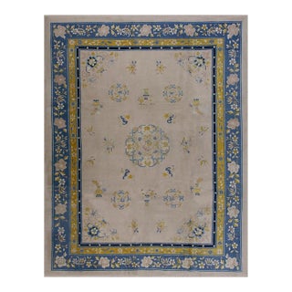 1920s Ivory Traditional Medallion Antique Chinese Peking Carpet 9' X 12' Woven Wool Rug For Sale