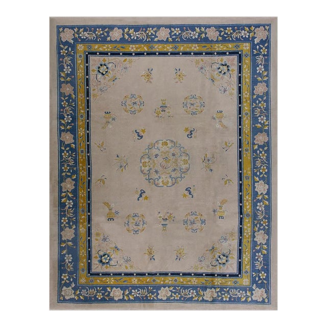 1920s Ivory Traditional Medallion Antique Chinese Peking Carpet 9' X 12' Woven Wool Rug For Sale