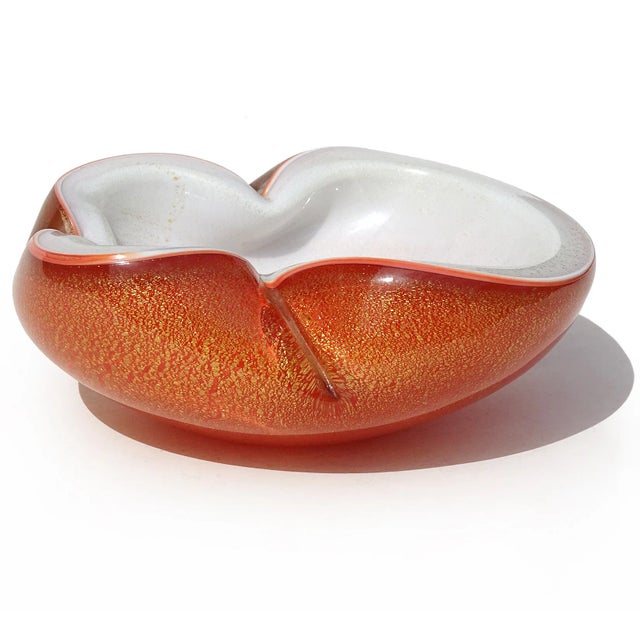 Mid-Century Modern Murano Vintage Barbini Orange White Gold Flecks Italian Art Glass Midcentury Bowl Dish Ashtray For Sale - Image 3 of 6
