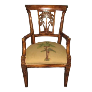 1990s Vintage Carved Wood Open Armchair With Palm Tree Back & Seat Design