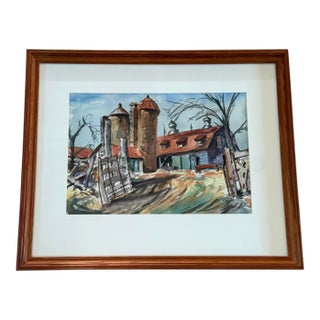Vintage Original Signed Industrial Landscape Watercolor For Sale
