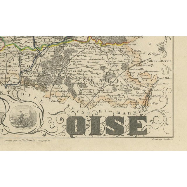 Antique Decorative Map of Oise by Vuillemin, France, 1850 For Sale - Image 6 of 10