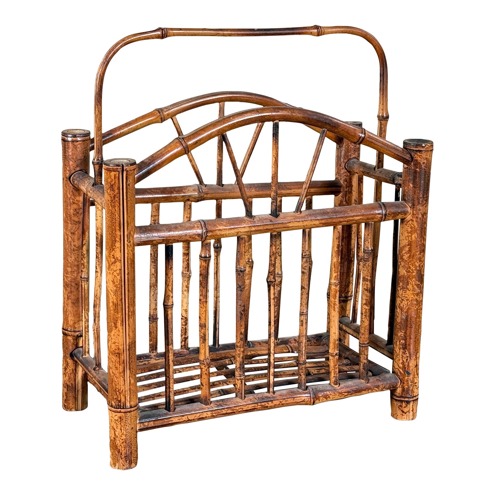 Burnt Bamboo Magazine Rack Chinoiserie Hollywood Regency Rattan Style Holder