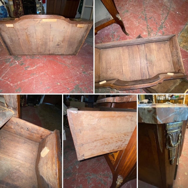Antique French Louis XV - XVI Style Marble Top and Marquetry Inlaid Commode For Sale - Image 10 of 13