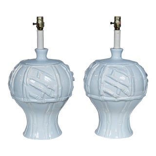 White Ceramic Faux Bamboo Lamps, 1970s - A Pair For Sale