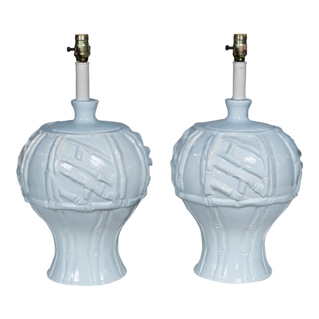 White Ceramic Faux Bamboo Lamps, 1970s - A Pair For Sale
