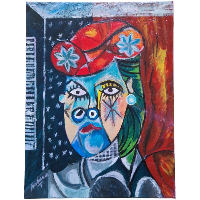 Oil on canvas depicting a stylized female portrait rendered in a Cubist-inspired manner, with fragmented facial features...