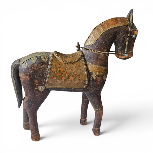 Wood Vintage Anglo-Indian Brass Clad Marwari Horse Sculpture For Sale - Image 7 of 18