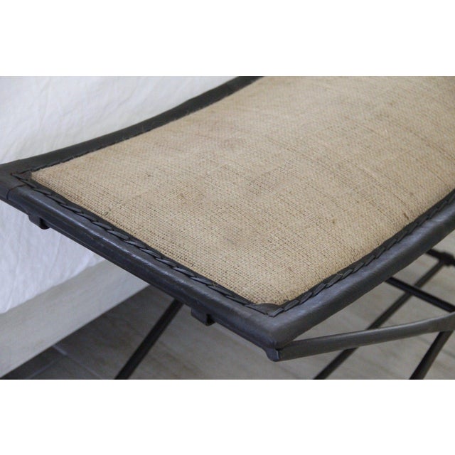Black Iron Bench Upholstered in Black Leather and Burlap Chairish