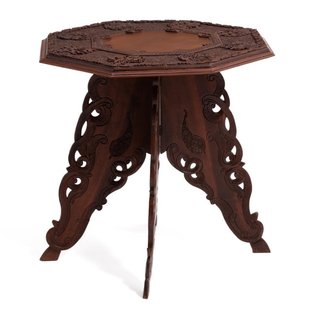 Anglo Indian Intricately Carved Teak Folding Campaign Table Octagon Top For Sale In Philadelphia - Image 6 of 17