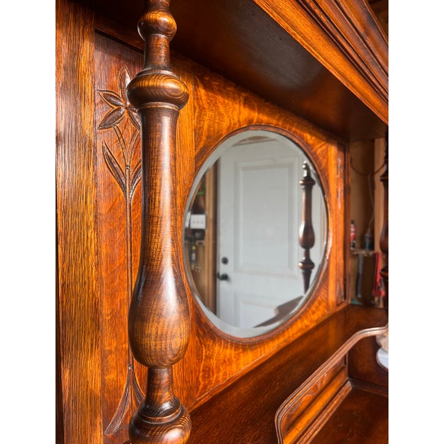American 1800's Hand Carved Oak Hutch With Beveled Oval Mirror For Sale - Image 3 of 8