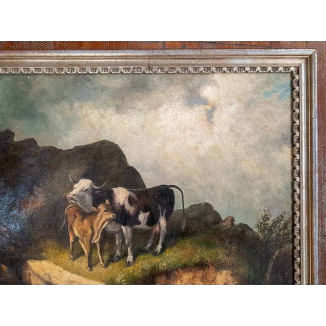 Farmhouse 19th Century English or Continental Painting of Cow and Calf in Highlands For Sale - Image 3 of 17