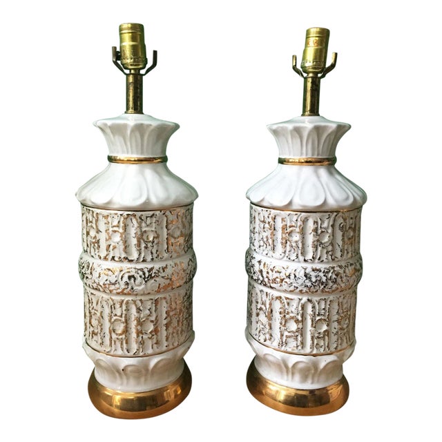 Vintage 1950s White and Gold Table Lamps - A Pair For Sale