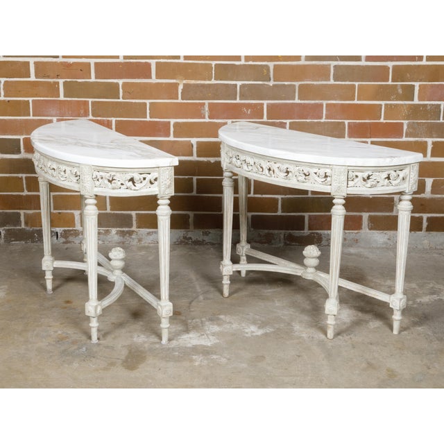 Pair of French Louis XVI Style Painted Demilune Console Tables with Marble Tops For Sale - Image 12 of 12