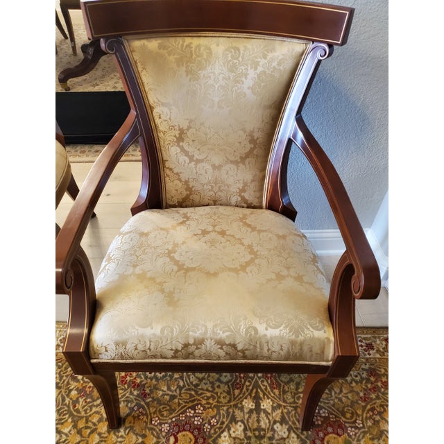 John Widdicomb John Widdicomb Set of 8 Pristine Klismos Dining Room Chairs With Gold Satin Damask For Sale - Image 4 of 12