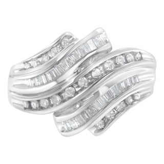 10K White Gold Round and Baguette Cut Diamond Channel Ring (3/4 Cttw, H-I Color, SI2-I1 Clarity) - Size 8 For Sale