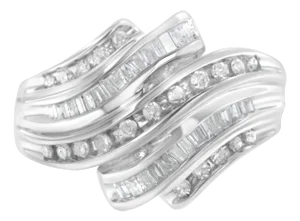10K White Gold Round and Baguette Cut Diamond Channel Ring (3/4 Cttw, H-I Color, SI2-I1 Clarity) - Size 8