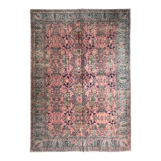 1950s VintageFlower Design Pink Tones Wool on Cotton Rug -9' 10'' X 6' 7'' For Sale