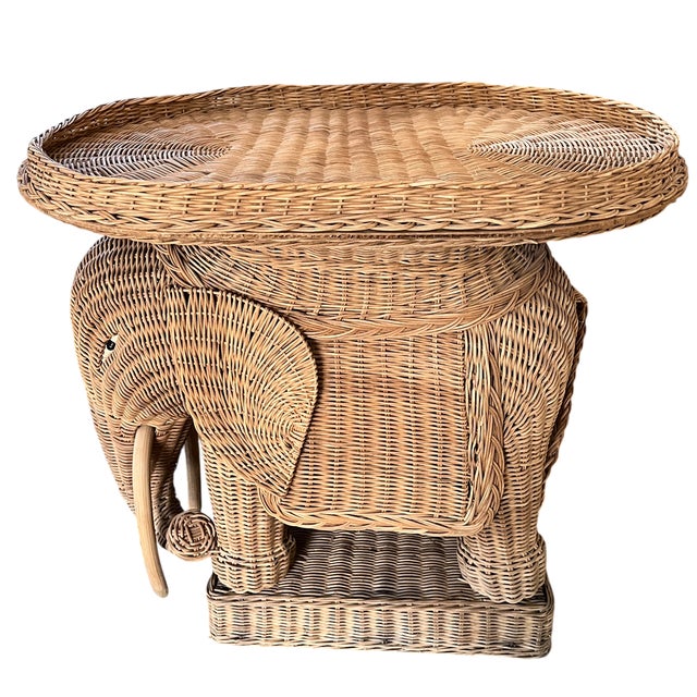 Vintage Woven Wicker Elephant Tray Side Drinks Table With Wood Tusks, Tropical Regency Style For Sale - Image 10 of 13