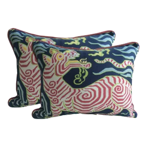 Clarence House Tibet Dragon Navy Linen & Down Pillows - A Pair