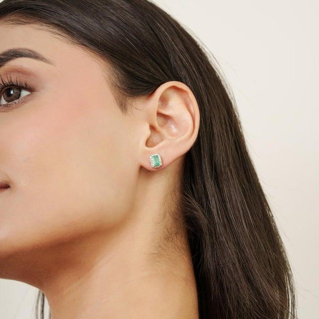 1.13 Carat Octagon Cut Emerald & Halo Diamond Stud Earrings- 2 Pieces For Sale - Image 6 of 11