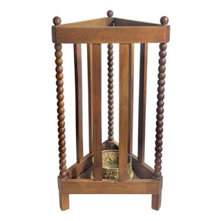 Antique English Bobbin-Turned Oak Umbrella & Cane Stand With Brass Liner For Sale