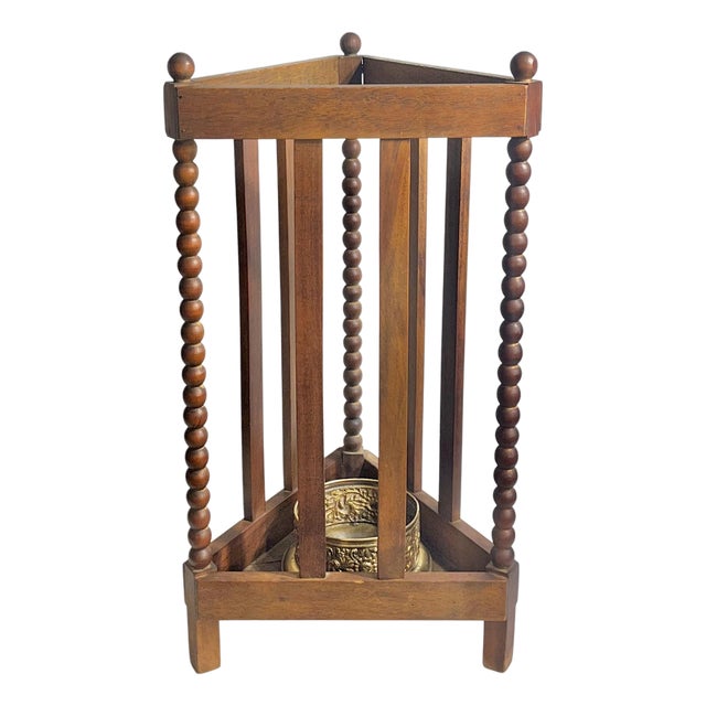 Antique English Bobbin-Turned Oak Umbrella & Cane Stand With Brass Liner For Sale