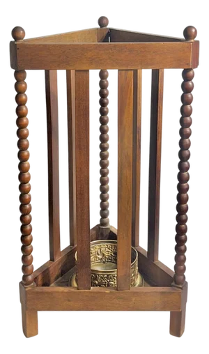 Antique English Bobbin-Turned Oak Umbrella & Cane Stand With Brass Liner