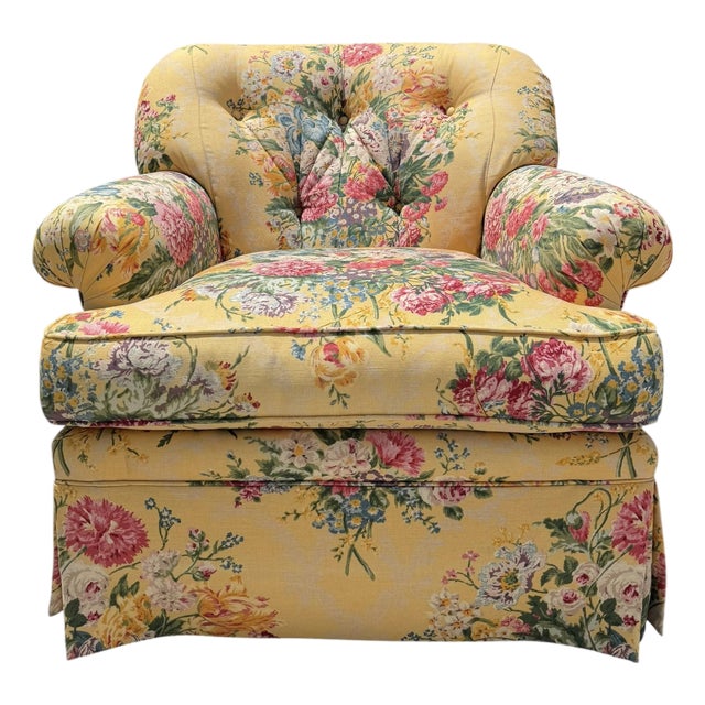 Vintage Sherrill Floral Upholstered Swivel Lounge Chair For Sale