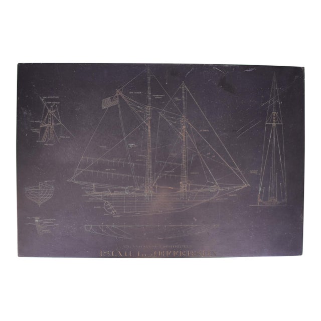 1970s Isiah L. Jefferson Grand Banks Schooner Etching Blueprint Slate For Sale