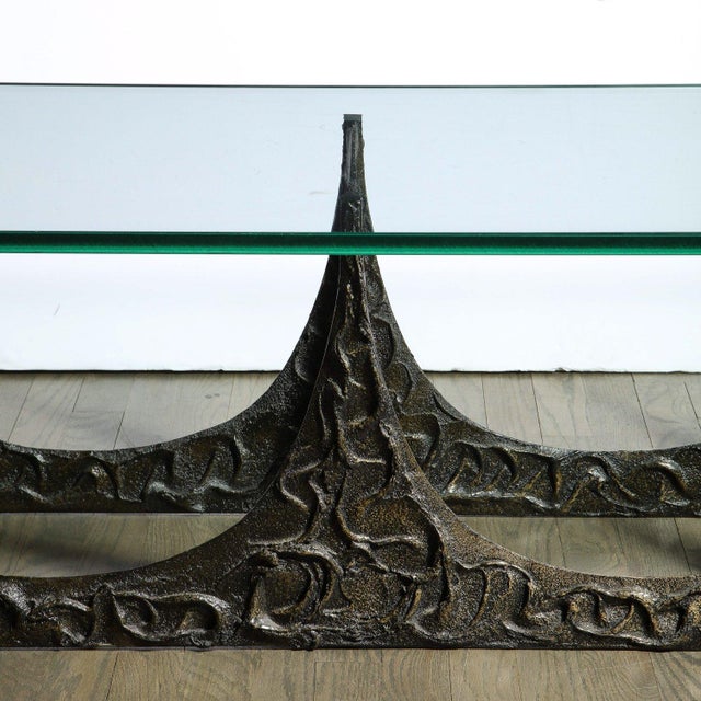 1970s Paul Evans Signed & Dated Rectangular Sculpted Bronze and Glass Cocktail Table For Sale - Image 5 of 12