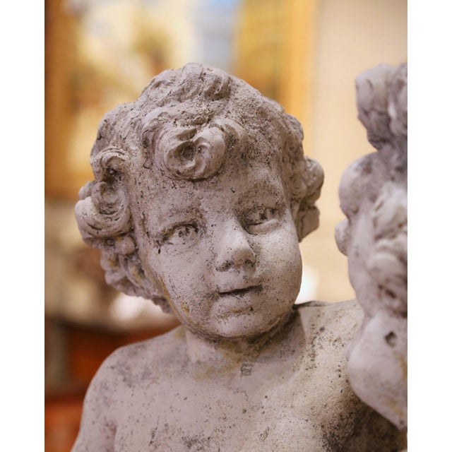 Stone Gray Early 20th Century French Cast Stone Cherub Garden Sculpture on Pedestal For Sale - Image 8 of 14