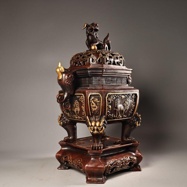 Asian Late 20th Century Gilt Bronze Hexagonal Incense Burner With Qilin and Dragon Motifs For Sale - Image 3 of 10