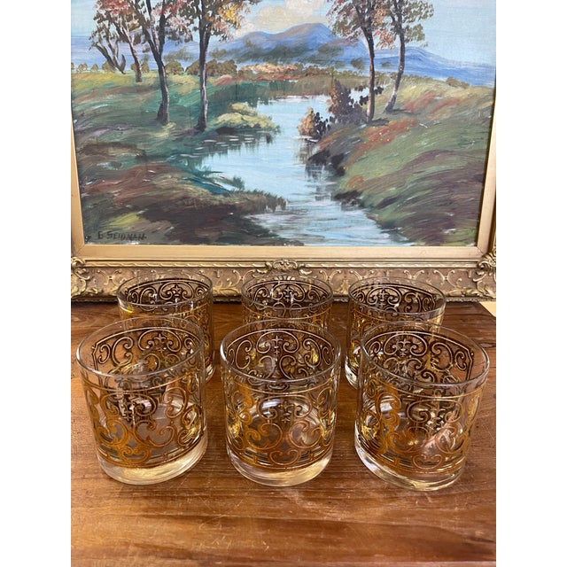Set of six vintage mid-century lowball glasses designed by Georges Briard, known for his distinctive and richly decorative...