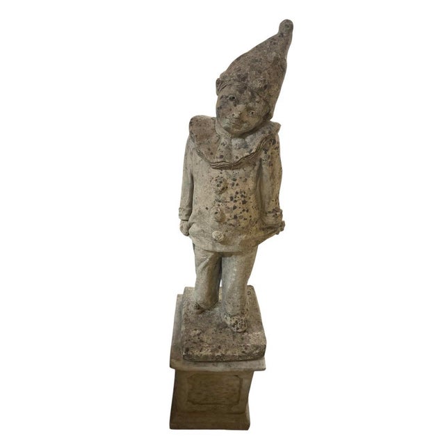 Vintage Cast Stone Pierrot Garden Statue on Pedestal For Sale In West Palm - Image 6 of 12