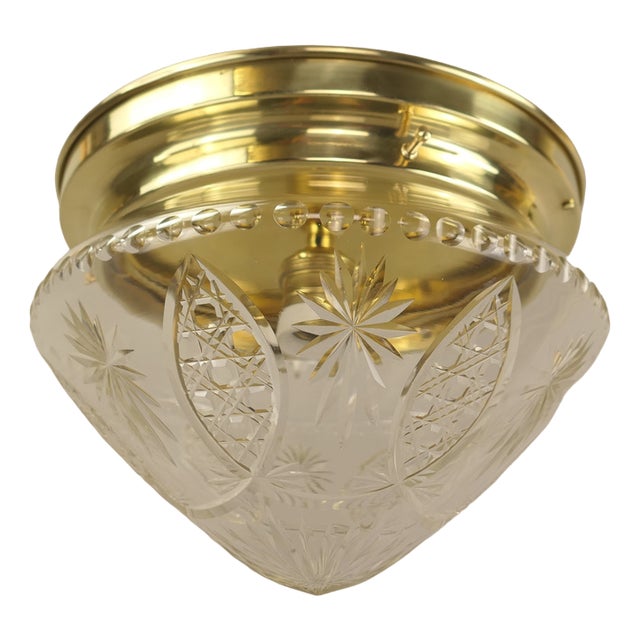 Brass Ceiling Lamp with Lead Crystal Shade, 1920s For Sale