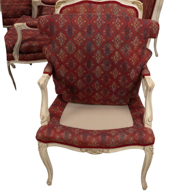 1970s French Provincial Dining Chairs Louis XV Style White Frame Upholstered -Set of 9 For Sale - Image 16 of 18