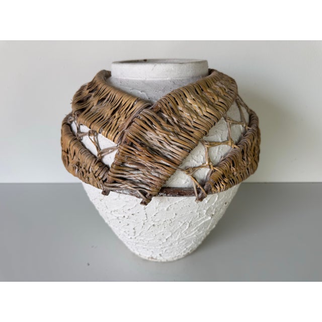 Wood 1980’s Vintage Organic White Textured Pottery Vase With Rattan Wrap – Unsigned For Sale - Image 7 of 12