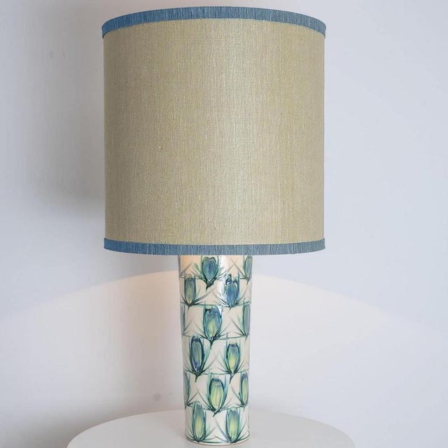 Blue Ceramic Table Lamp with Silk Lampshade by R. Houben, 1970 For Sale - Image 8 of 11