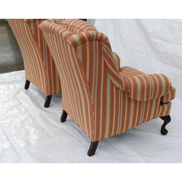 Wood Jessica Charles Queen Anne Style Striped Wingback Chairs-a Pair For Sale - Image 7 of 9