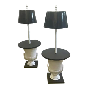 Pair of Dorothy Draper Style Urn Base Floor Lamp Side Tables