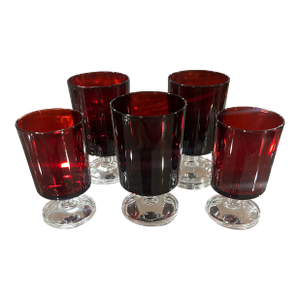 1970s Luminarc Crystal D’Arques Durand Cavalier Ruby Red Glasses 2 Liquor Glasses & 3 Wine Glasses, French Made