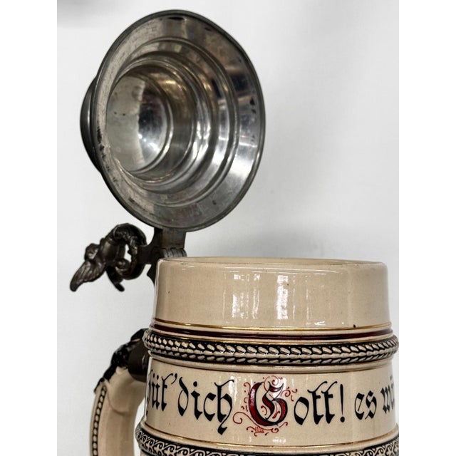 Early 20th Century Marzi and Remy Tall Extra Large Ceramic Pewter Lidded Beer Stein For Sale - Image 13 of 16