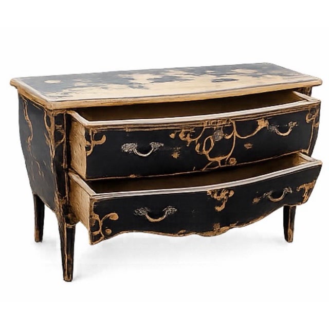 An exquisite large oak chest of drawers, fully distressed and featuring hand-painted ribbon accents. The drawers are...