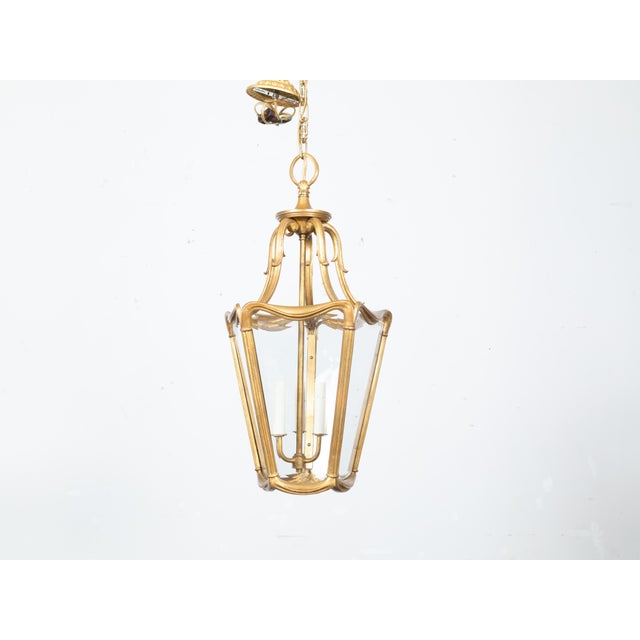 Art Nouveau Style Gilt Metal Three-Light Lantern with Subtle Scrolling Effects For Sale - Image 9 of 12