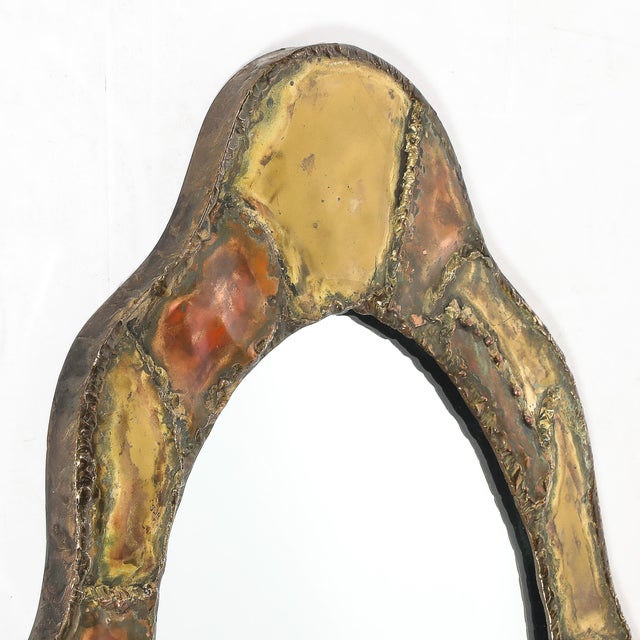 Mid-Century Brutalist Textural Welded Brass & Copper Bordered Signed Mirror For Sale - Image 13 of 16
