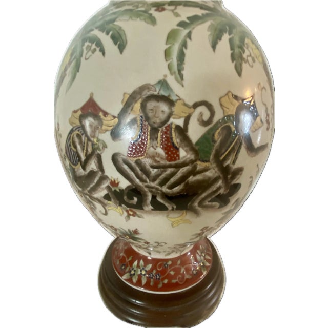 Green Vintage Fredrick Cooper Chinoiserie Asian Ralph Lauren Style Handpainted With Palm Trees & Fez Monkeys Table Lamp For Sale - Image 8 of 9